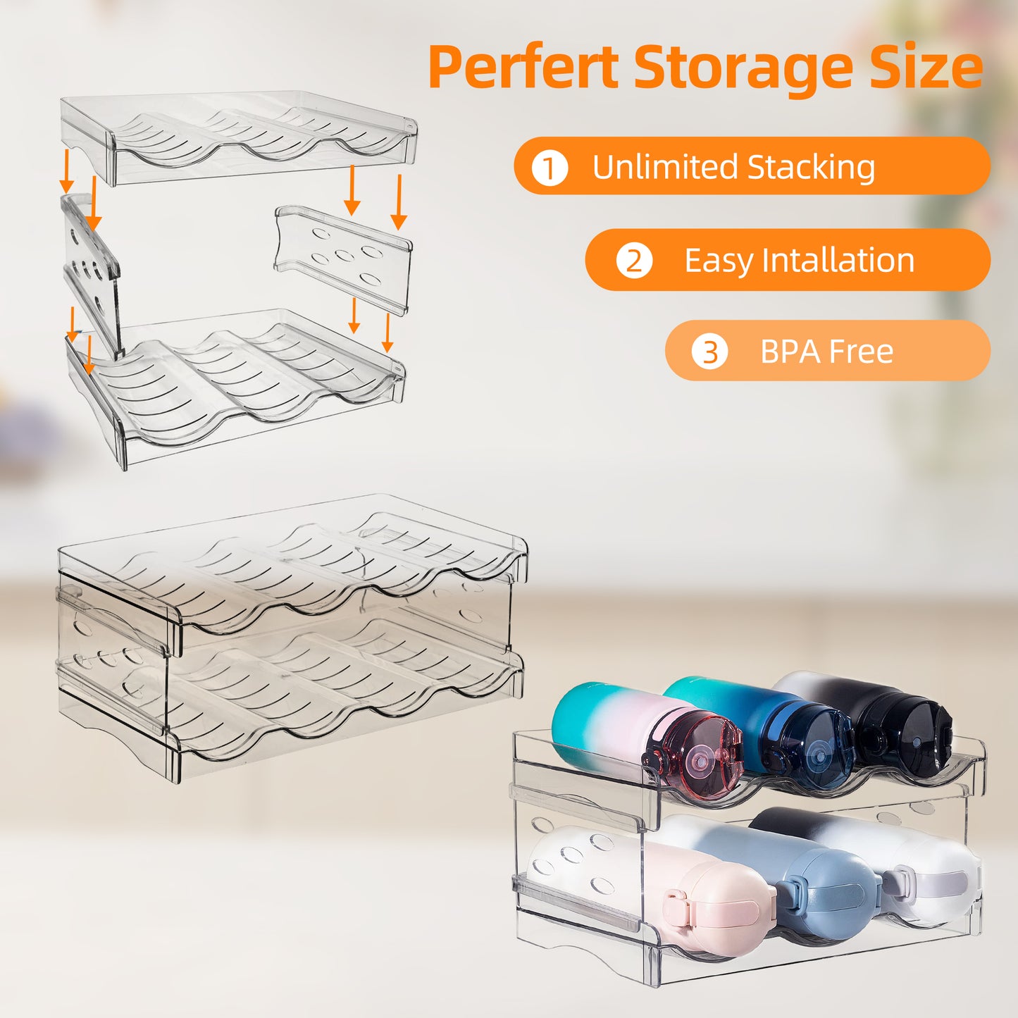 Stackable Water Bottle Organizer for Cabinet 4 Tier