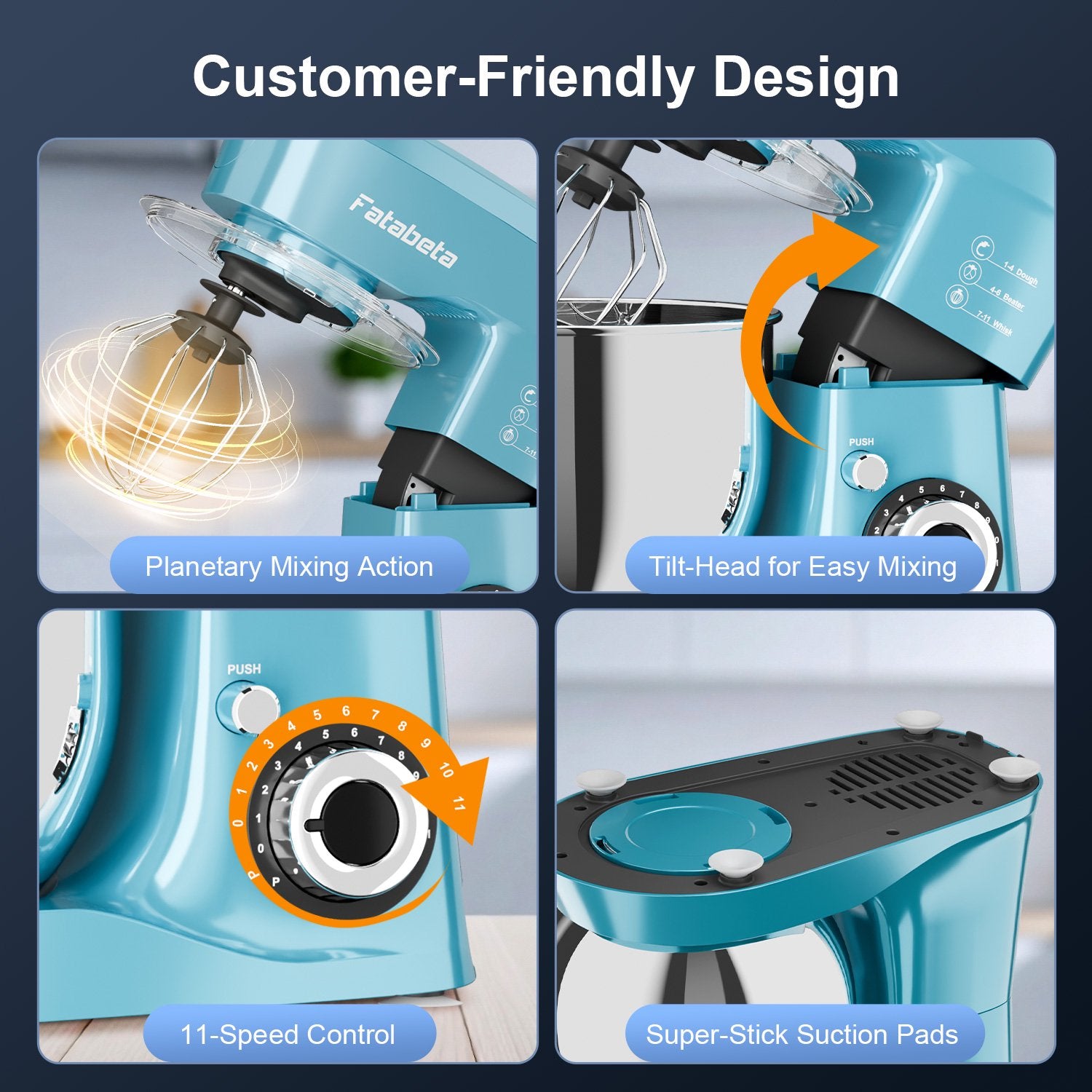 Fatabeta 1000W Stand Mixer, 5.5QT Kitchen Mixer with Dough Hook, Whisk and Beater, Electric Mixer with Bowl & 11 Speeds - Cake Mixer for Baking, Bread & More, Blue