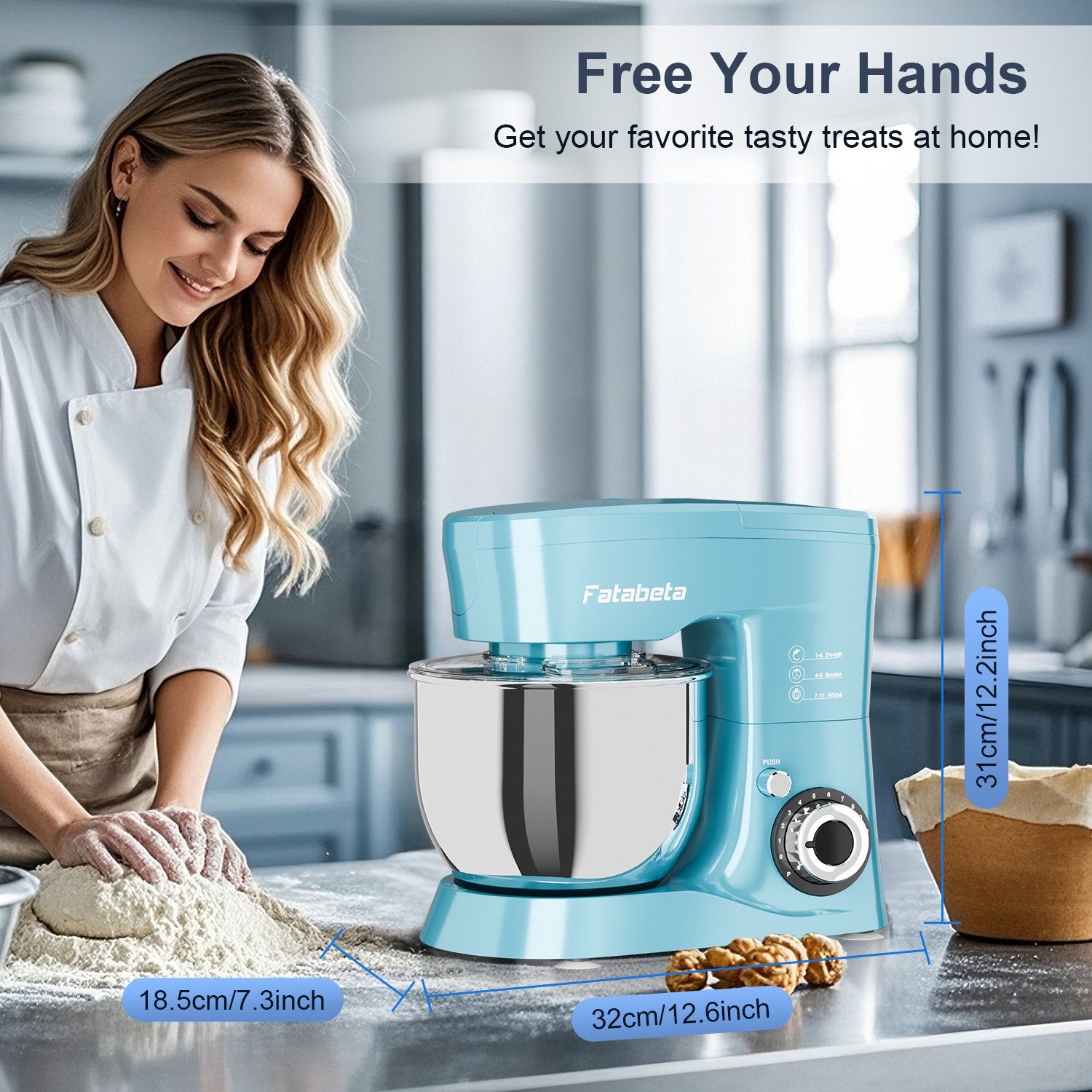 Fatabeta 1000W Stand Mixer, 5.5QT Kitchen Mixer with Dough Hook, Whisk and Beater, Electric Mixer with Bowl & 11 Speeds - Cake Mixer for Baking, Bread & More, Blue