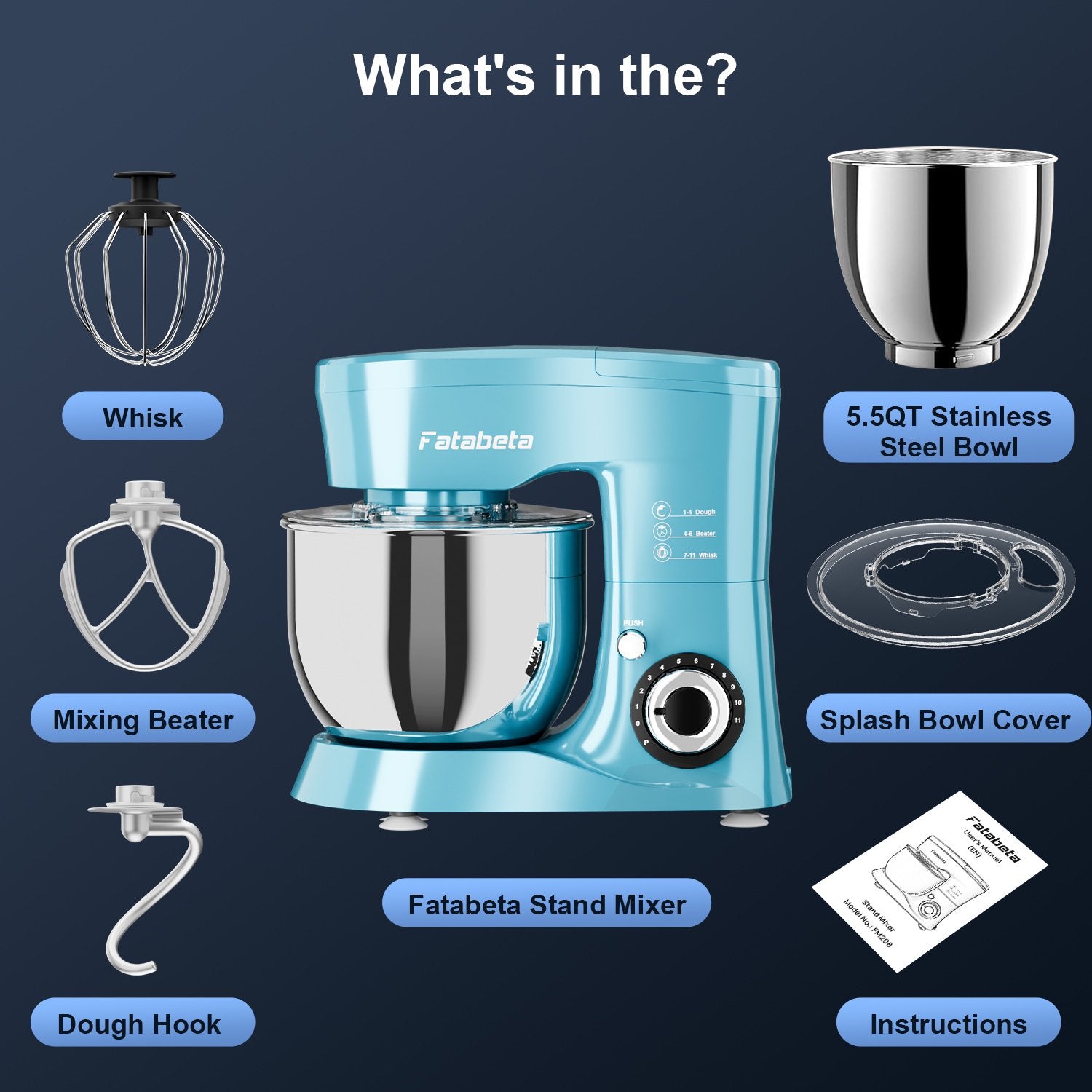 Fatabeta 1000W Stand Mixer, 5.5QT Kitchen Mixer with Dough Hook, Whisk and Beater, Electric Mixer with Bowl & 11 Speeds - Cake Mixer for Baking, Bread & More, Blue