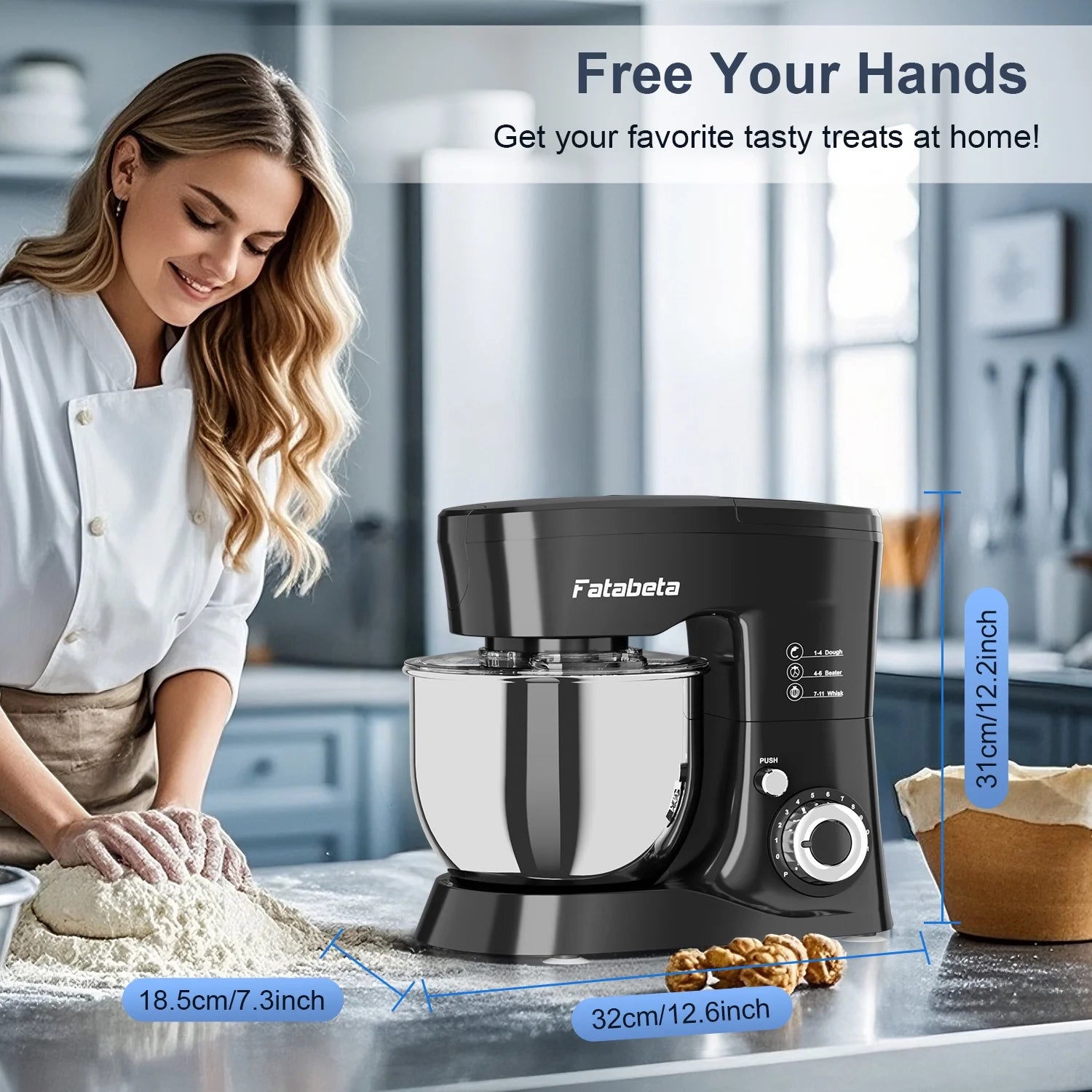 Fatabeta 1000W Stand Mixer, 5.5QT Kitchen Mixer with Dough Hook, Whisk and Beater, Electric Mixer with Bowl & 11 Speeds - Cake Mixer for Baking, Bread & More, Black