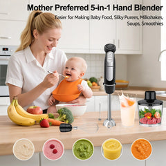 Fatabeta 1100W Immersion Blender, 21-Speed Hand Blender with Turbo Mode, 5-in-1 Stick Blender for Smoothies, Baby Food, Soups, Purees, Black
