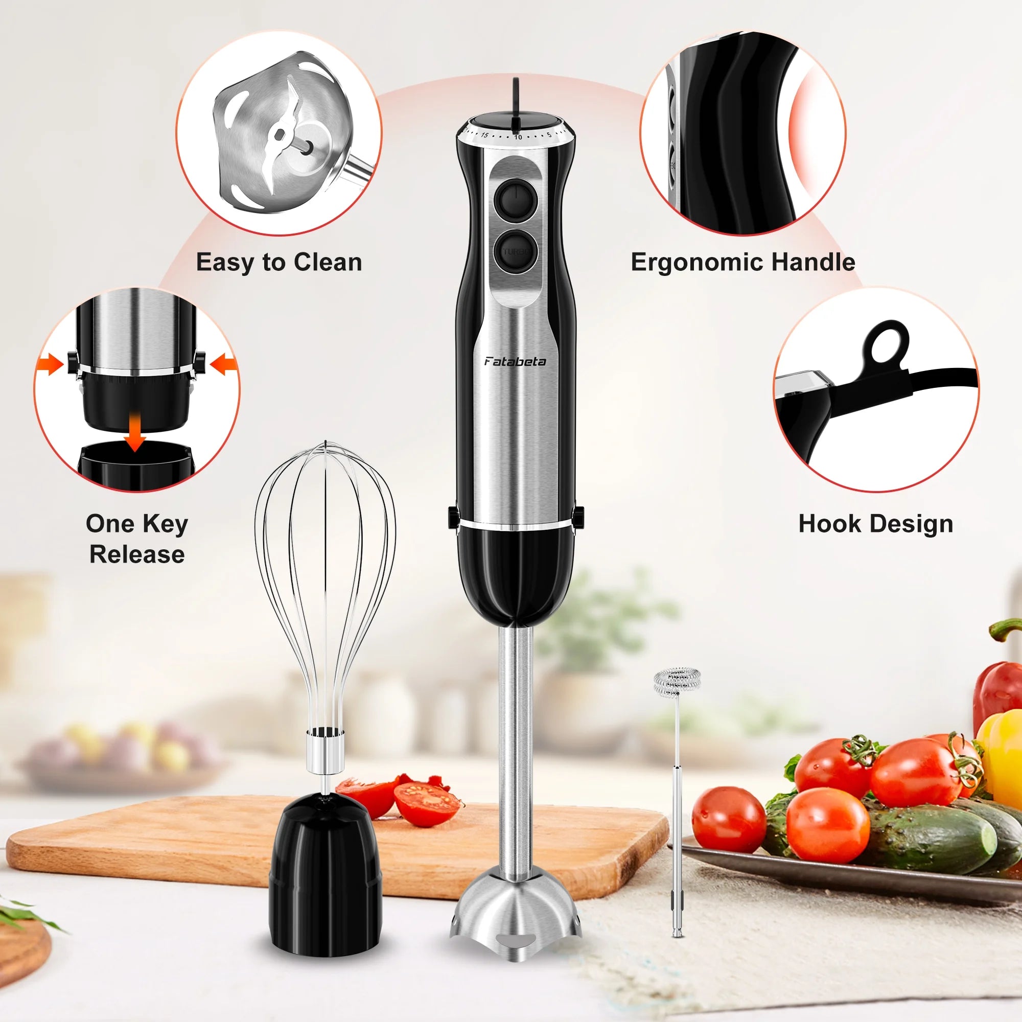 Fatabeta Immersion Blender, 1100W Immersion Blender Handheld with 21 Speeds & Turbo Boost – 3-in-1 Hand Blender for Purees, Baby Food, Milkshakes, Soups & Smoothies