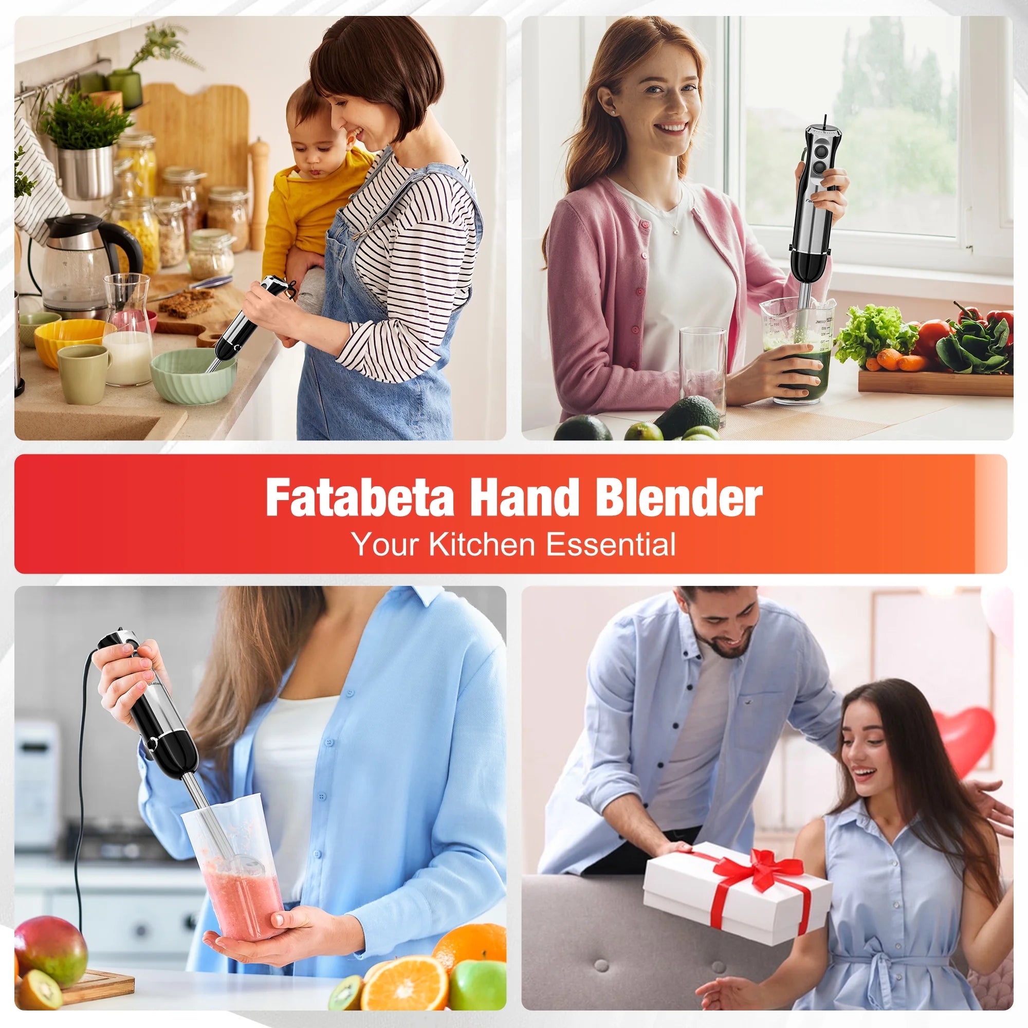 Fatabeta Immersion Blender, 1100W Immersion Blender Handheld with 21 Speeds & Turbo Boost – 3-in-1 Hand Blender for Purees, Baby Food, Milkshakes, Soups & Smoothies