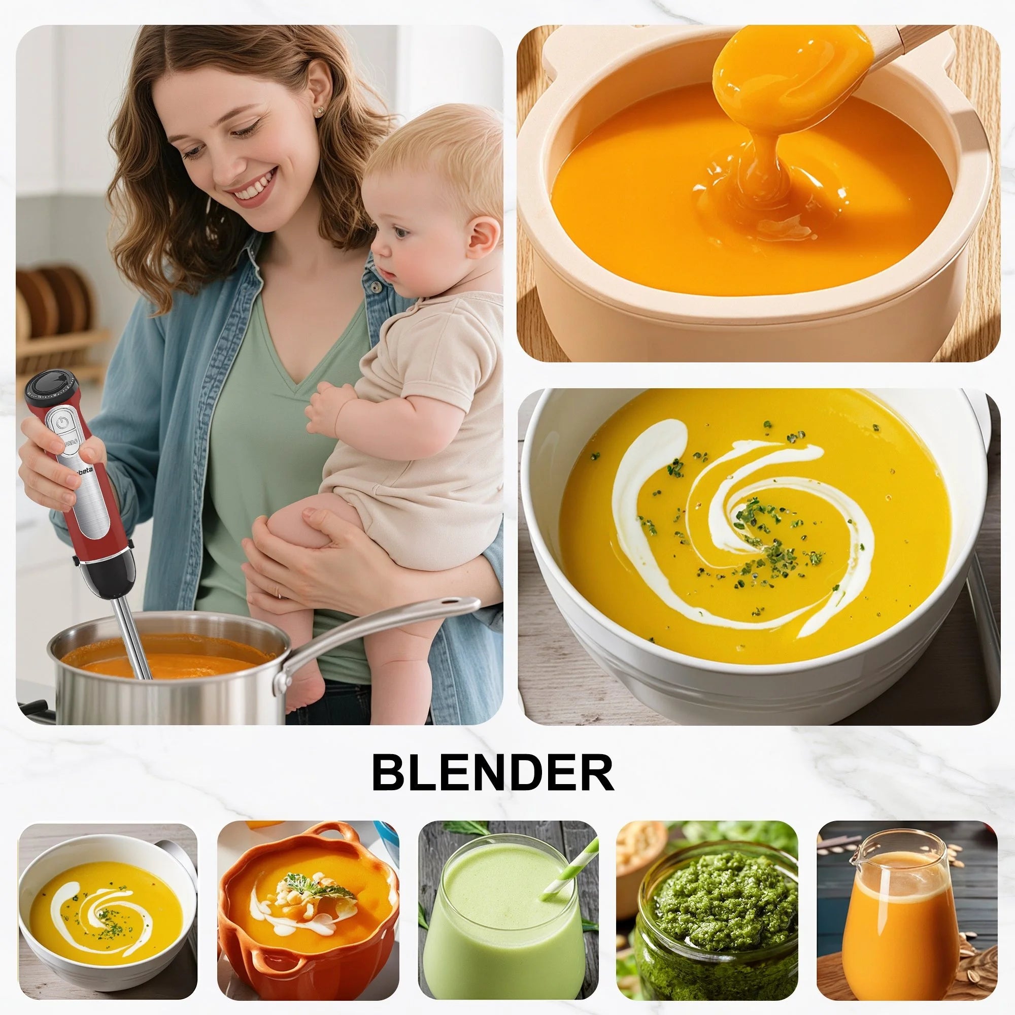 Fatabeta 1100W Immersion Blender, 21-Speed Hand Blender with Turbo Mode, 5-in-1 Stick Blender for Smoothies, Baby Food, Soups, Purees, Red