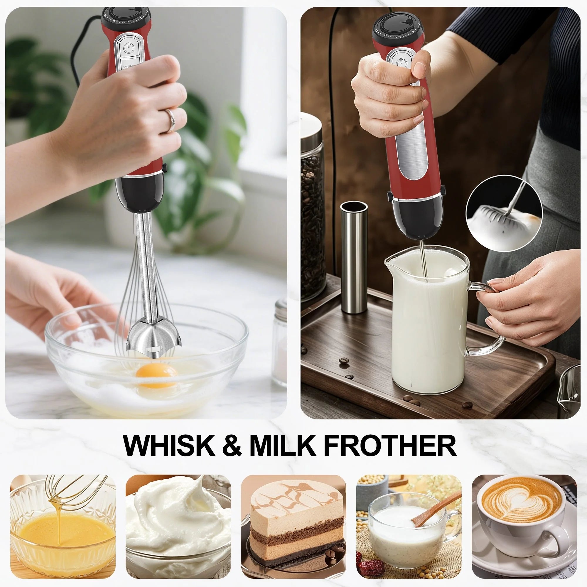 Fatabeta 1100W Immersion Blender, 21-Speed Hand Blender with Turbo Mode, 5-in-1 Stick Blender for Smoothies, Baby Food, Soups, Purees, Red