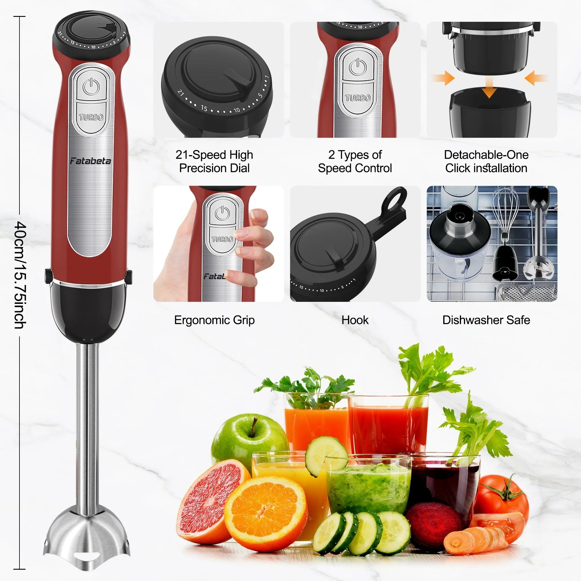 Fatabeta 1100W Immersion Blender, 21-Speed Hand Blender with Turbo Mode, 5-in-1 Stick Blender for Smoothies, Baby Food, Soups, Purees, Red