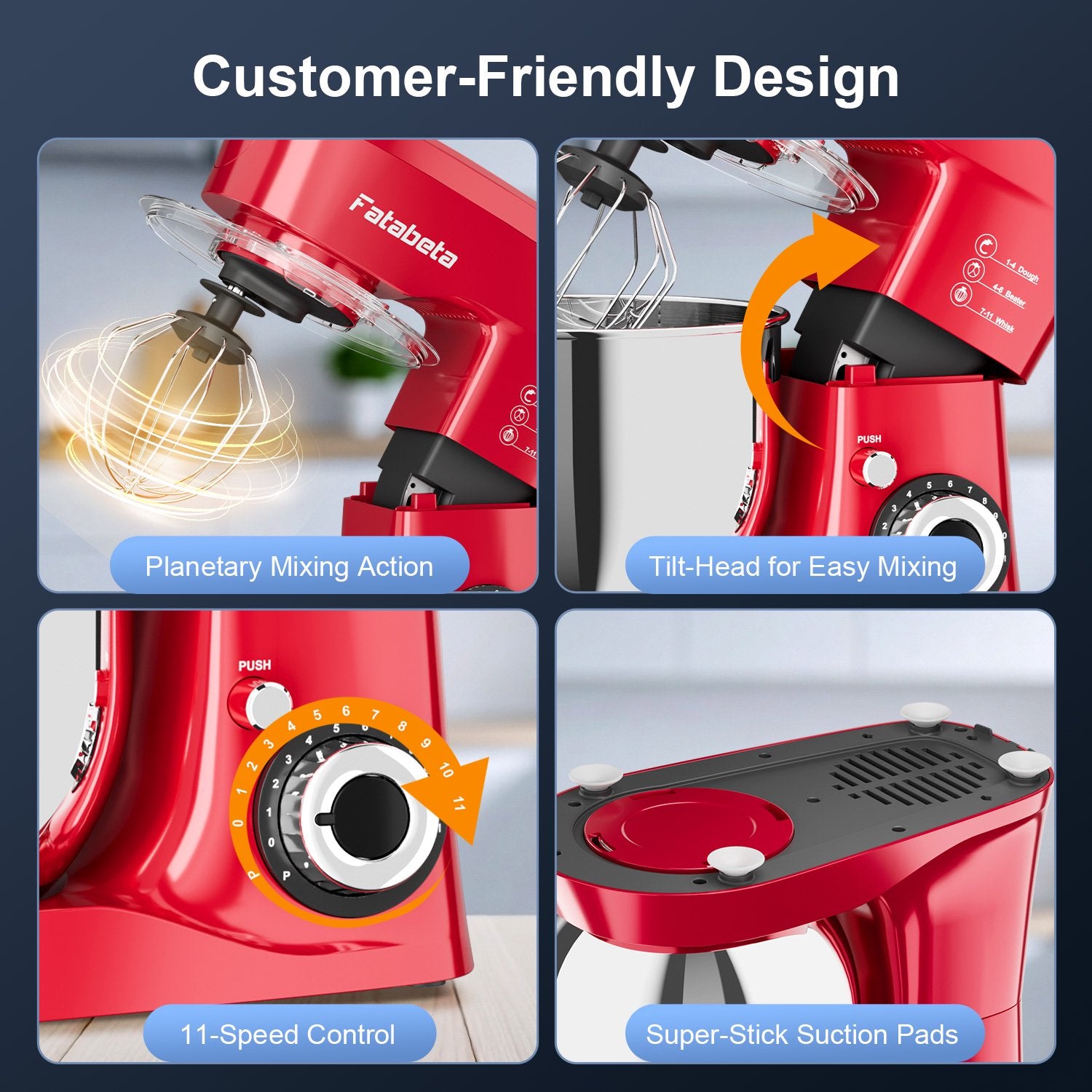 Fatabeta 1000W Stand Mixer, 5.5QT Kitchen Mixer with Dough Hook, Whisk and Beater, Electric Mixer with Bowl & 11 Speeds - Cake Mixer for Baking, Bread & More, Red