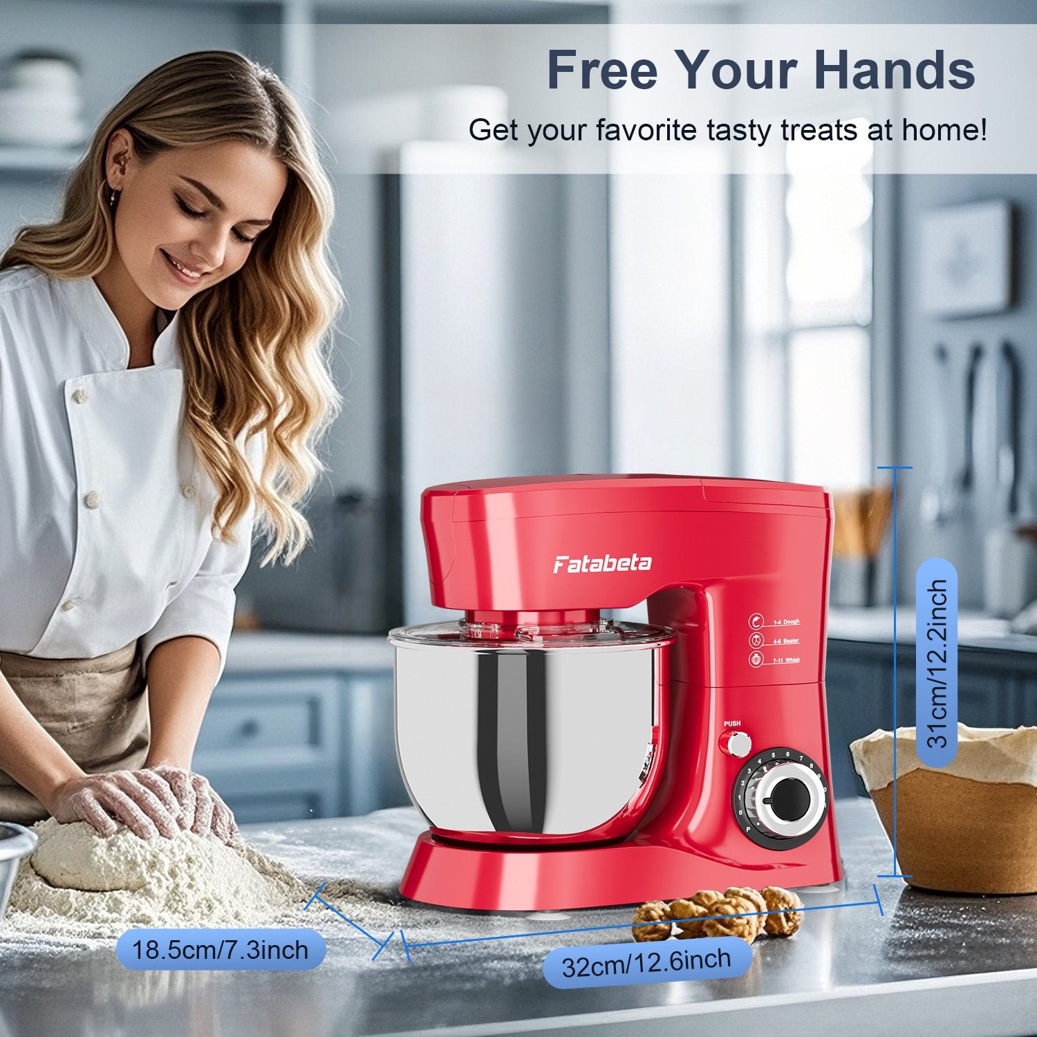 Fatabeta 1000W Stand Mixer, 5.5QT Kitchen Mixer with Dough Hook, Whisk and Beater, Electric Mixer with Bowl & 11 Speeds - Cake Mixer for Baking, Bread & More, Red