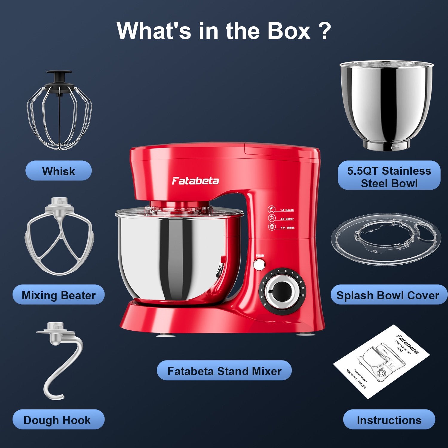 Fatabeta 1000W Stand Mixer, 5.5QT Kitchen Mixer with Dough Hook, Whisk and Beater, Electric Mixer with Bowl & 11 Speeds - Cake Mixer for Baking, Bread & More, Red