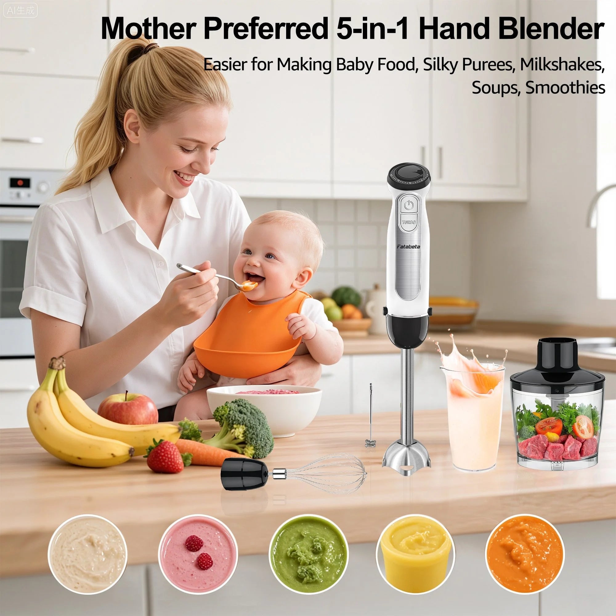 Fatabeta 1100W Immersion Blender, 21-Speed Hand Blender with Turbo Mode, 5-in-1 Stick Blender for Smoothies, Baby Food, Soups, Purees, White