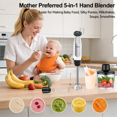 Fatabeta 1100W Immersion Blender, 21-Speed Hand Blender with Turbo Mode, 5-in-1 Stick Blender for Smoothies, Baby Food, Soups, Purees, White