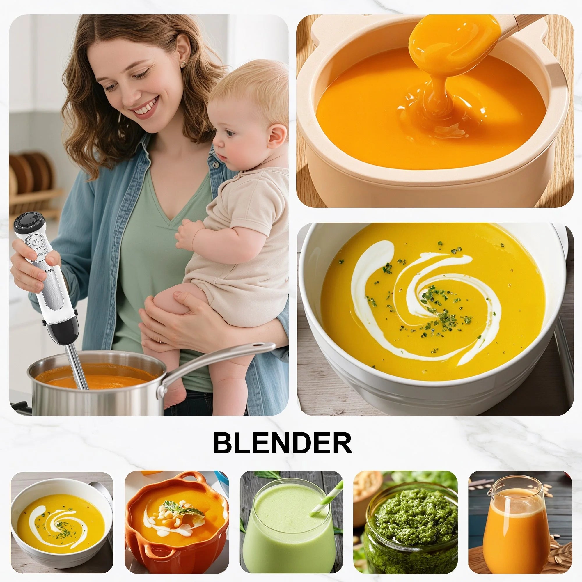 Fatabeta 1100W Immersion Blender, 21-Speed Hand Blender with Turbo Mode, 5-in-1 Stick Blender for Smoothies, Baby Food, Soups, Purees, White