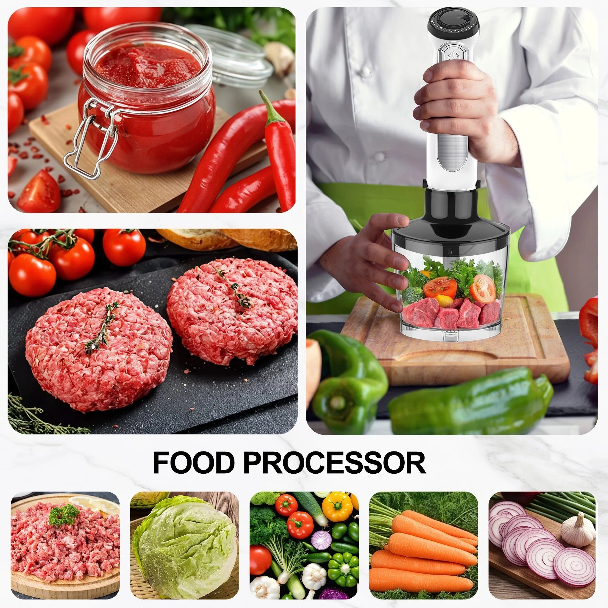 Fatabeta 1100W Immersion Blender, 21-Speed Hand Blender with Turbo Mode, 5-in-1 Stick Blender for Smoothies, Baby Food, Soups, Purees, White