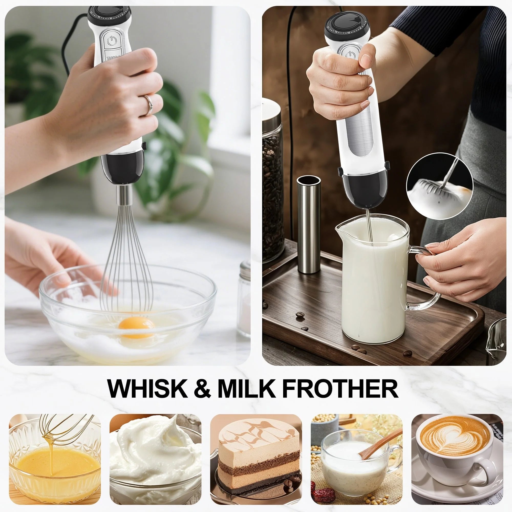 Fatabeta 1100W Immersion Blender, 21-Speed Hand Blender with Turbo Mode, 5-in-1 Stick Blender for Smoothies, Baby Food, Soups, Purees, White