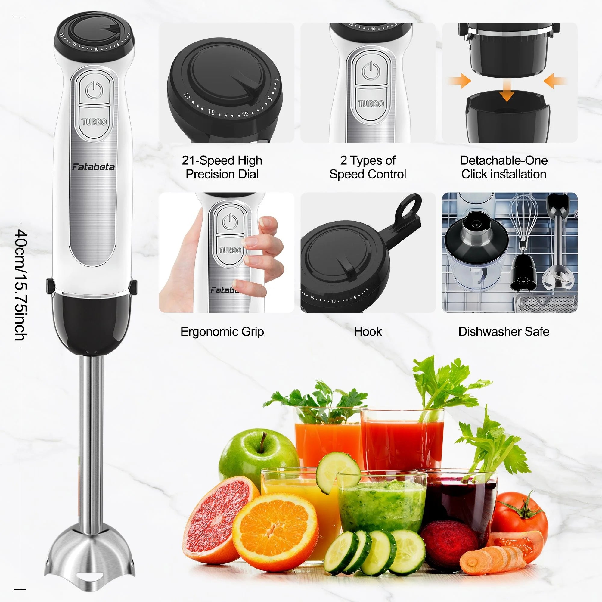 Fatabeta 1100W Immersion Blender, 21-Speed Hand Blender with Turbo Mode, 5-in-1 Stick Blender for Smoothies, Baby Food, Soups, Purees, White