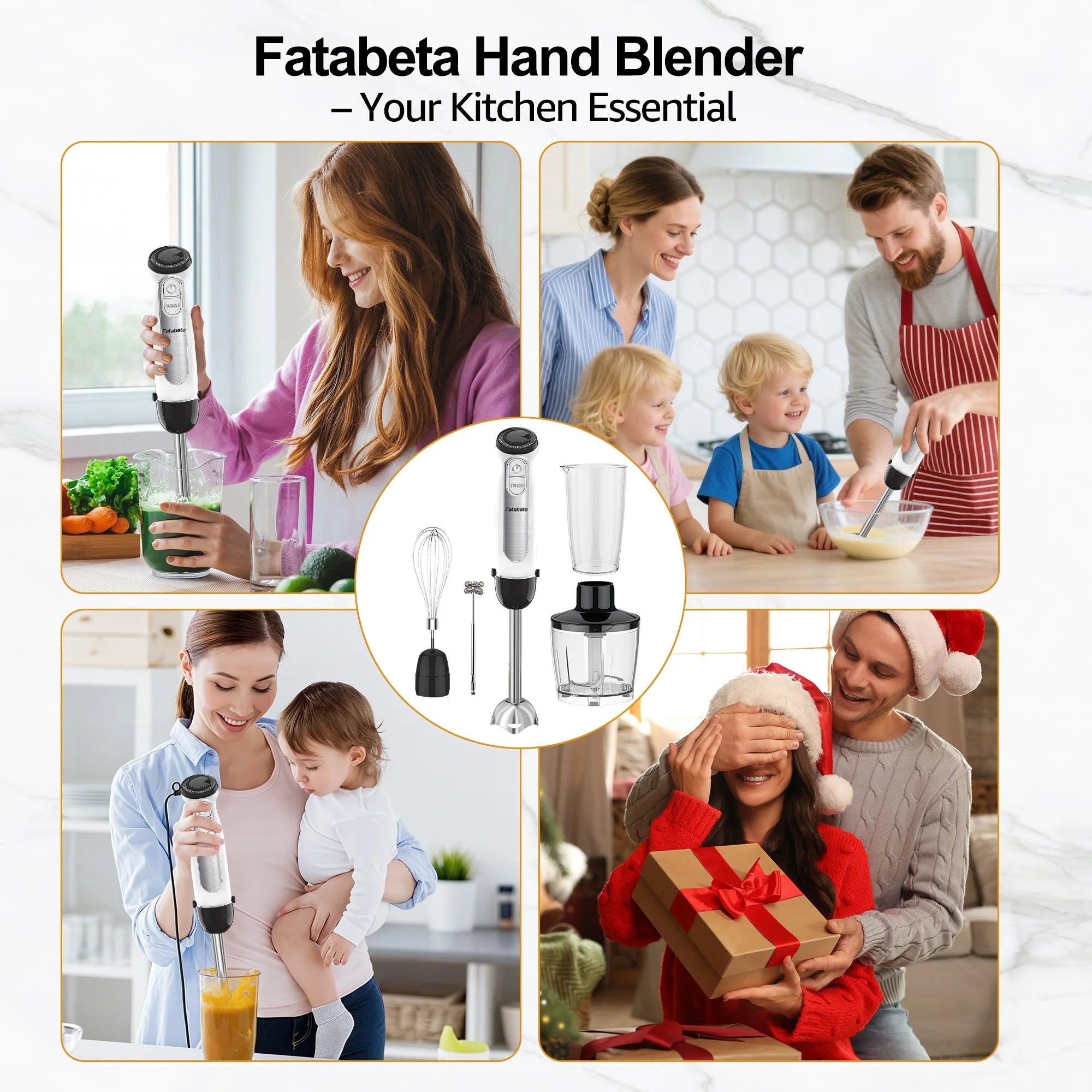 Fatabeta 1100W Immersion Blender, 21-Speed Hand Blender with Turbo Mode, 5-in-1 Stick Blender for Smoothies, Baby Food, Soups, Purees, White