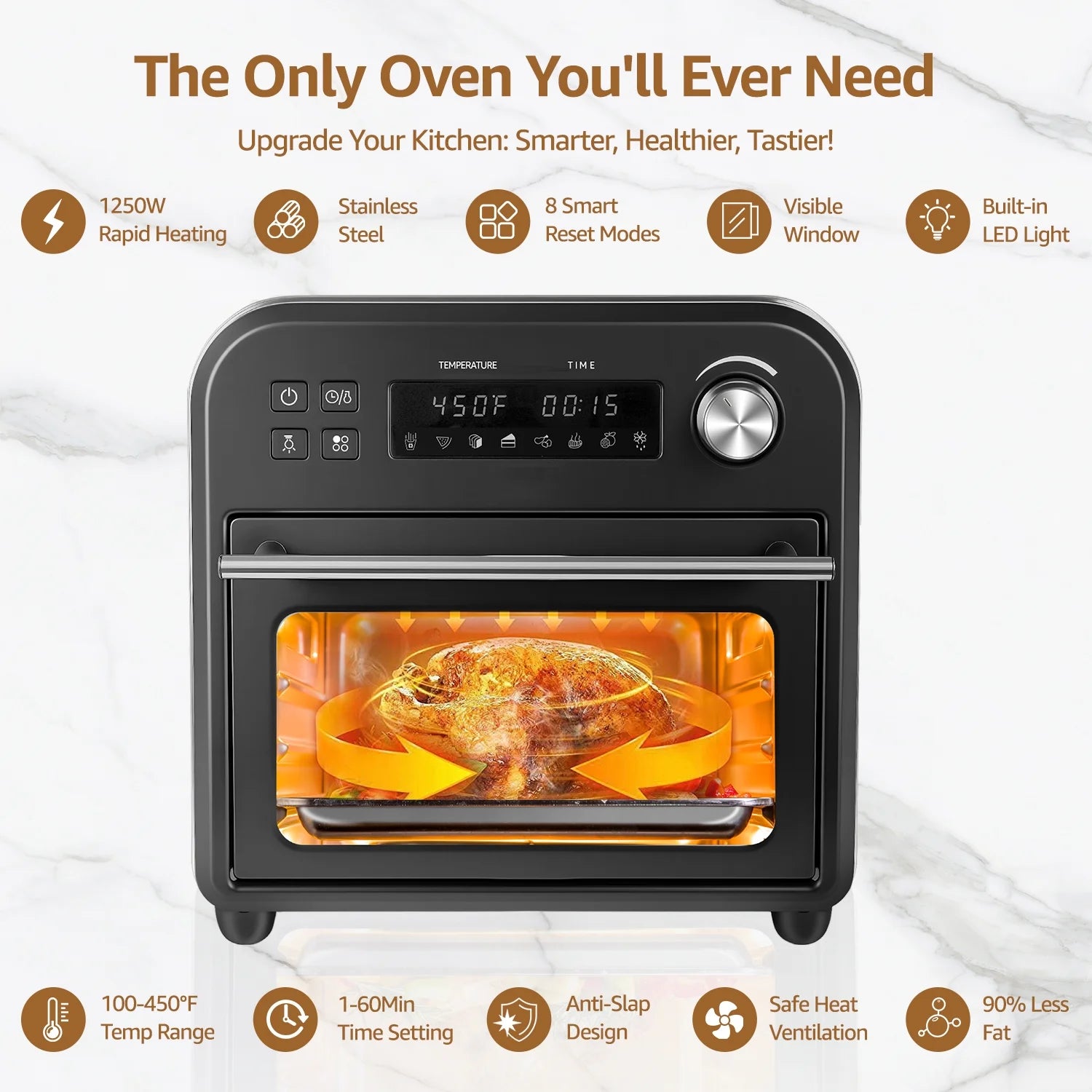 Fatabeta Smart Oven Air Fryer - 14qt, 8-in-1 Countertop Convection Oven, Stainless Steel, Oil-Free, 45 Recipes & Accessories