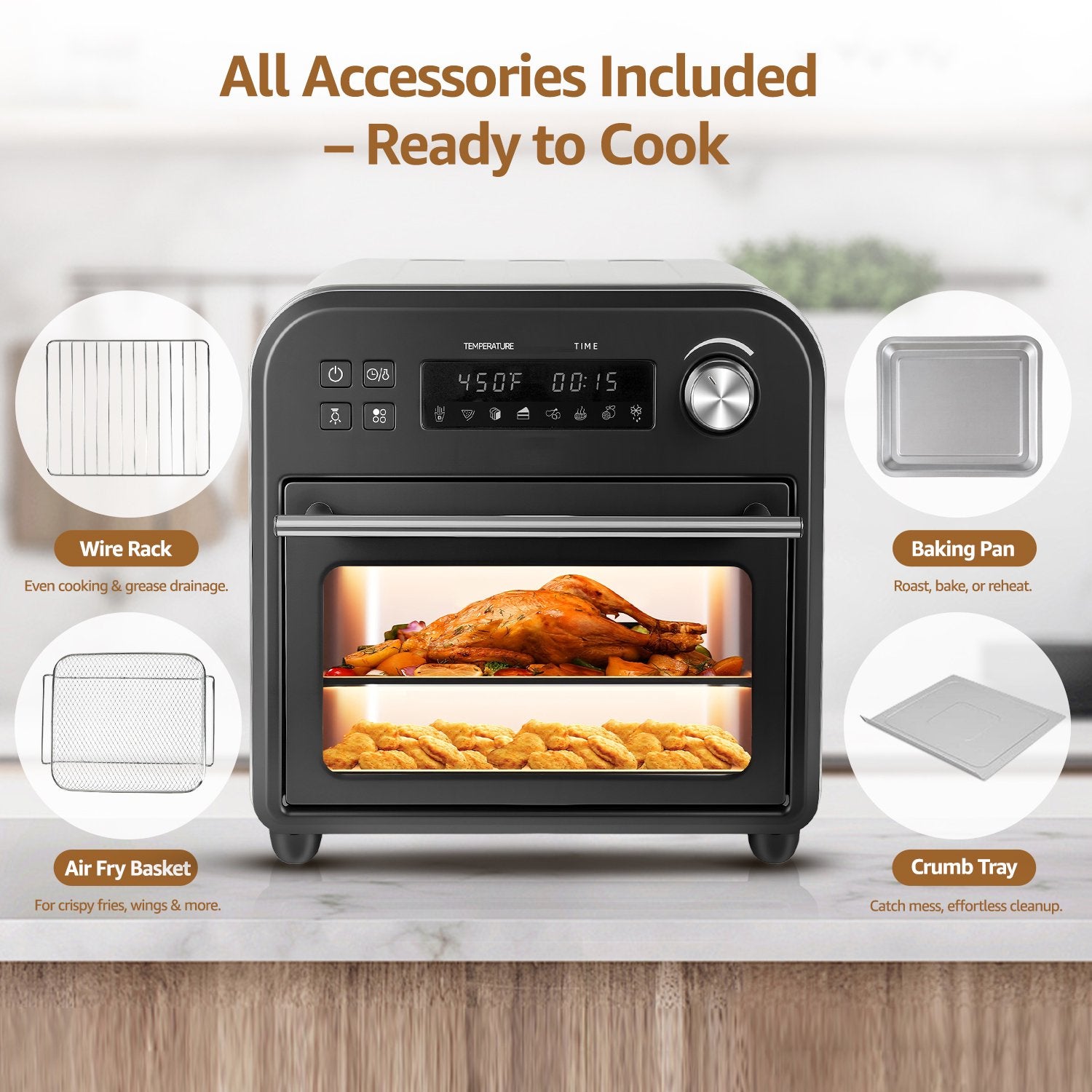 Fatabeta Smart Oven Air Fryer - 14qt, 8-in-1 Countertop Convection Oven, Stainless Steel, Oil-Free, 45 Recipes & Accessories