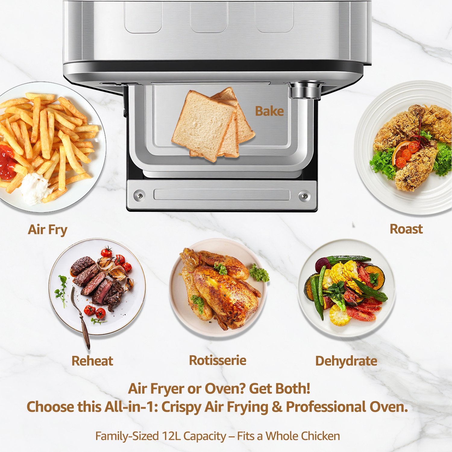 Fatabeta Smart Oven Air Fryer - 14qt, 8-in-1 Countertop Convection Oven, Stainless Steel, Oil-Free, 45 Recipes & Accessories