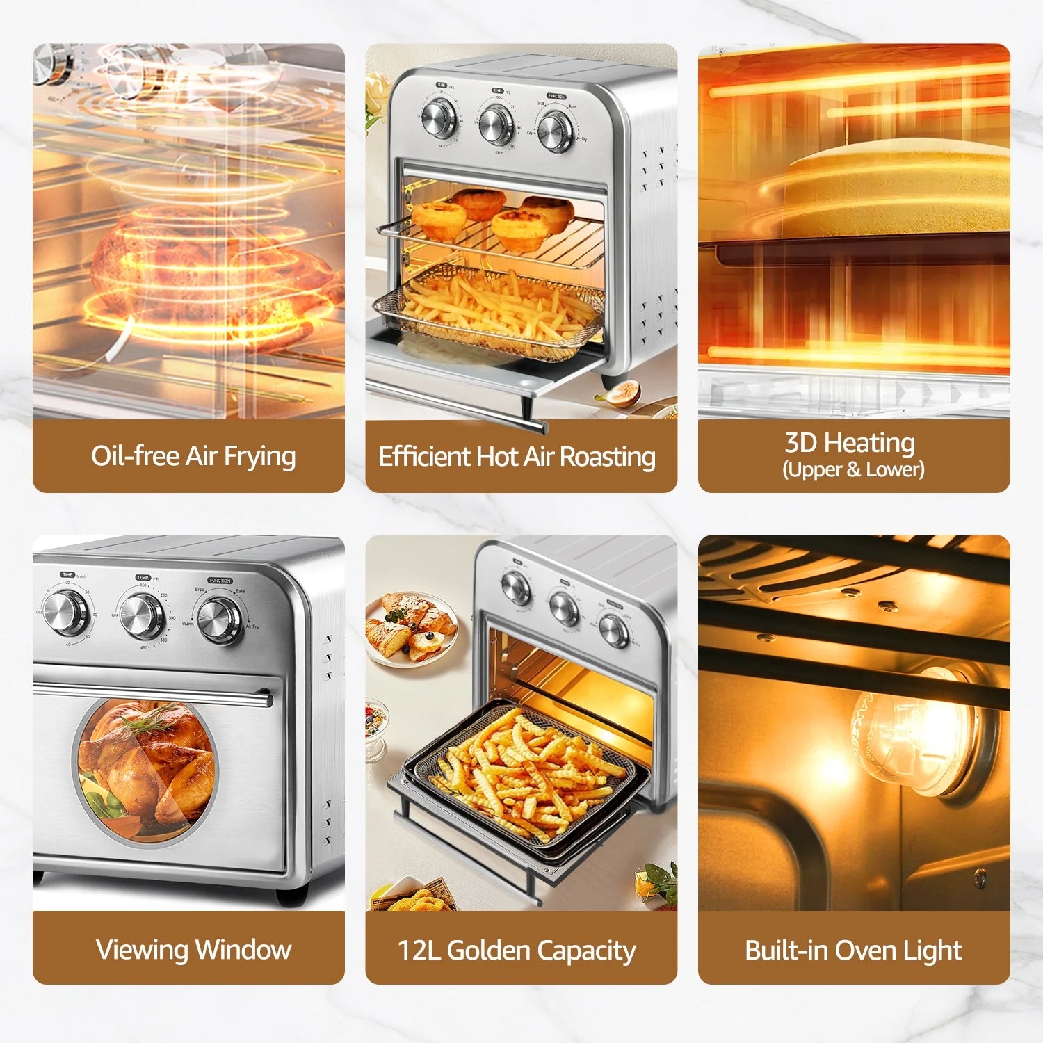 Fatabeta 14QT Air Fryers Ovens, 4-In-1 Toaster Convection Oven, Countertop Oven Toaster With Warm, Broil, Bake, Brushed Stainless Steel Finish