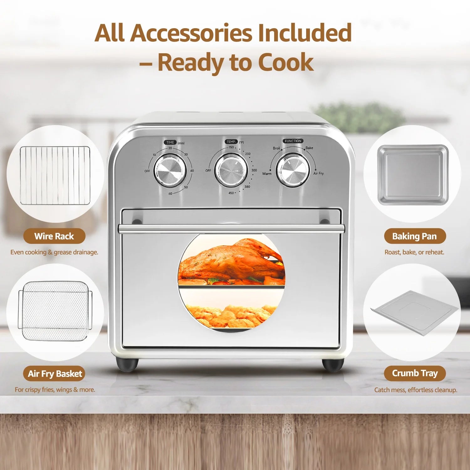 Fatabeta 14QT Air Fryers Ovens, 4-In-1 Toaster Convection Oven, Countertop Oven Toaster With Warm, Broil, Bake, Brushed Stainless Steel Finish
