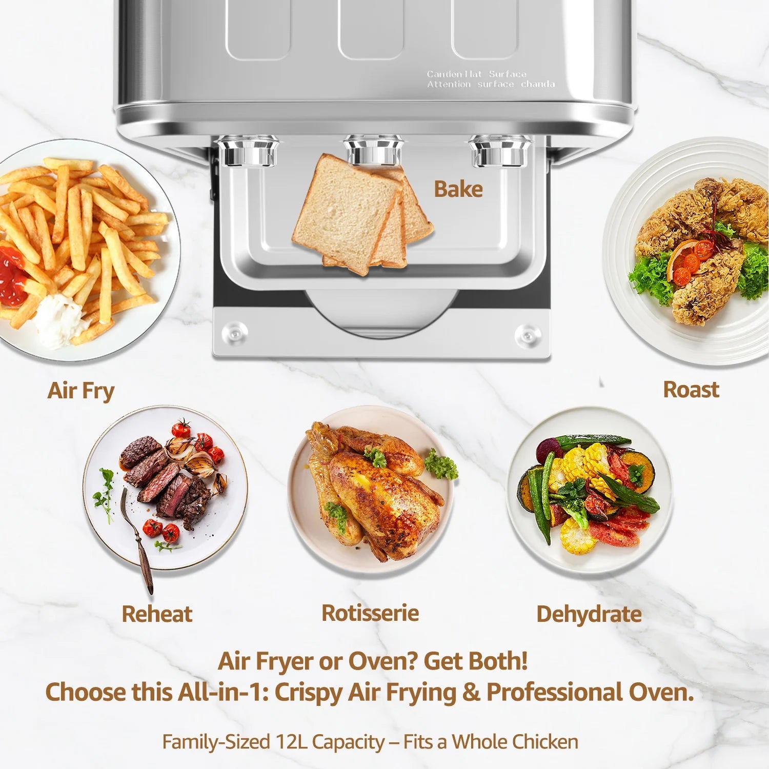 Fatabeta 14QT Air Fryers Ovens, 4-In-1 Toaster Convection Oven, Countertop Oven Toaster With Warm, Broil, Bake, Brushed Stainless Steel Finish
