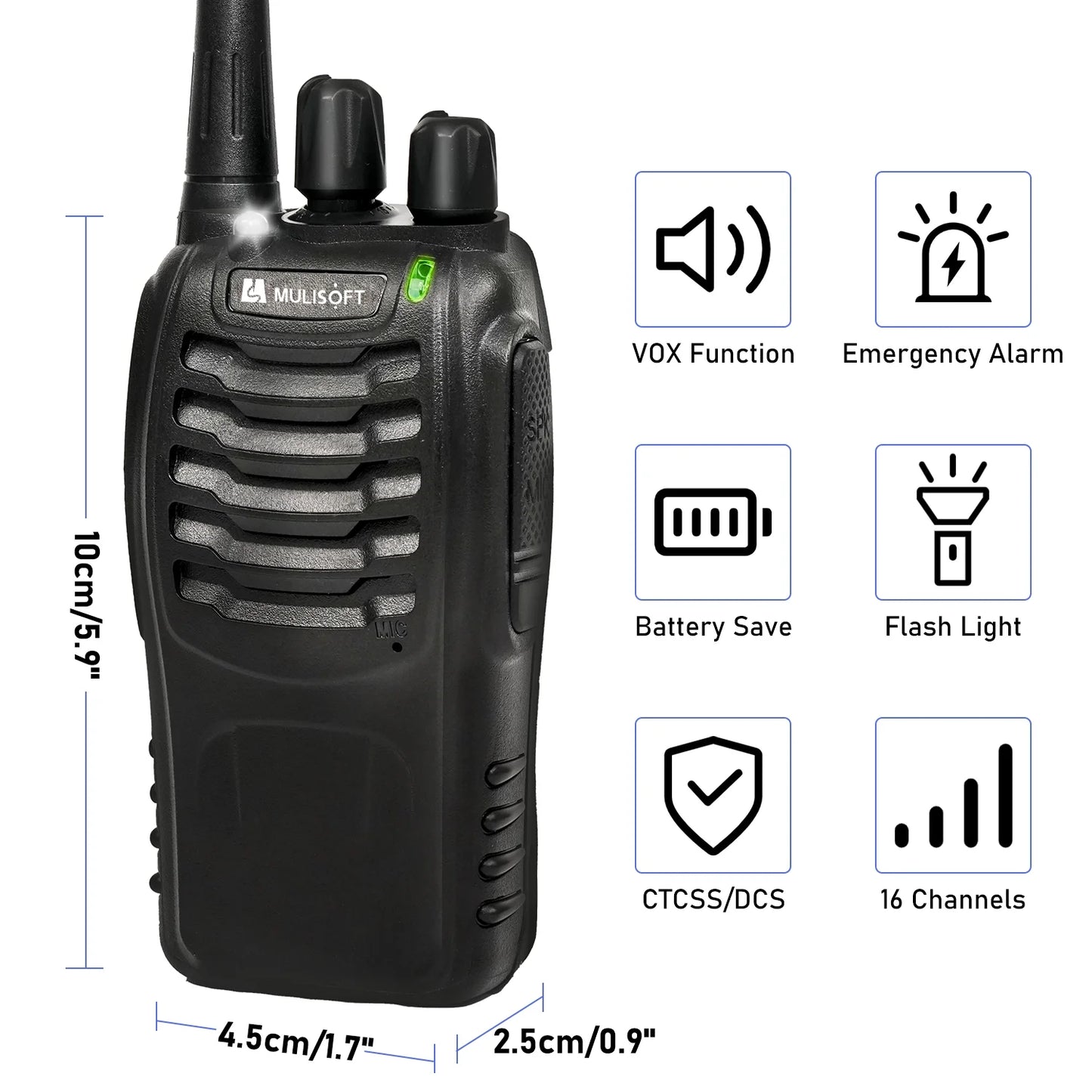 MULISOFT Walkie Talkies Long Range, Rechargeable Walkie Talkie for Adults with Earpieces & Li-ion Battery, Walky Talky with Flashlight and Charger, 2 Pack