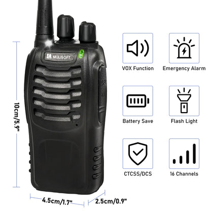 MULISOFT Walkie Talkies Long Range, Rechargeable Walkie Talkie for Adults with Earpieces & Li-ion Battery, Walky Talky with Flashlight and Charger, 2 Pack