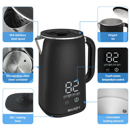 MULISOFT 1500W Fast Boiling Electric Kettle,Teapot With Keep Warm Function, 1.7Liter Hot Water Boiler Heater Pot automatic shut off,Digital Display Temperature Control