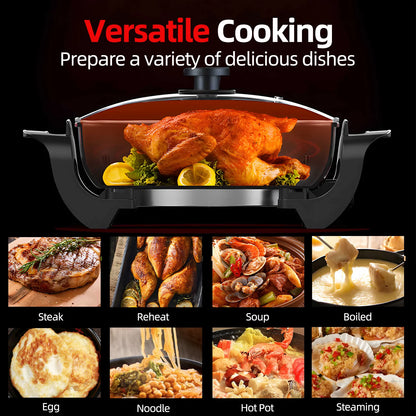 MULISOFT Electric Skillet and Frying Pan with Glass Lid, Hot Pot Electric 5.3Qt, Square Ceramic Nonstick, 1500W Electric Hot Pot with Adjustable Temperature Removable Heating Probe