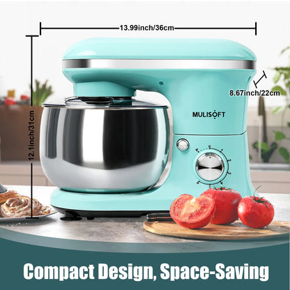 MULISOFT Stand Mixer, 5.5Qt Stainless Steel Bowl, 6 Speed, Includes Whisk, Beater, Dough Hook, Blue