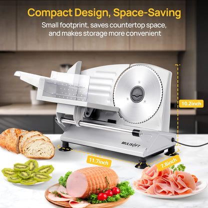 MULISOFT Meat Slicer, Meat Slicer Machine for Home Use, with 2 Removable Stainless Steel Blades, Adjustable Thickness Deli Slicer, Electric Slicer for Meat, Cheese, Bread, New
