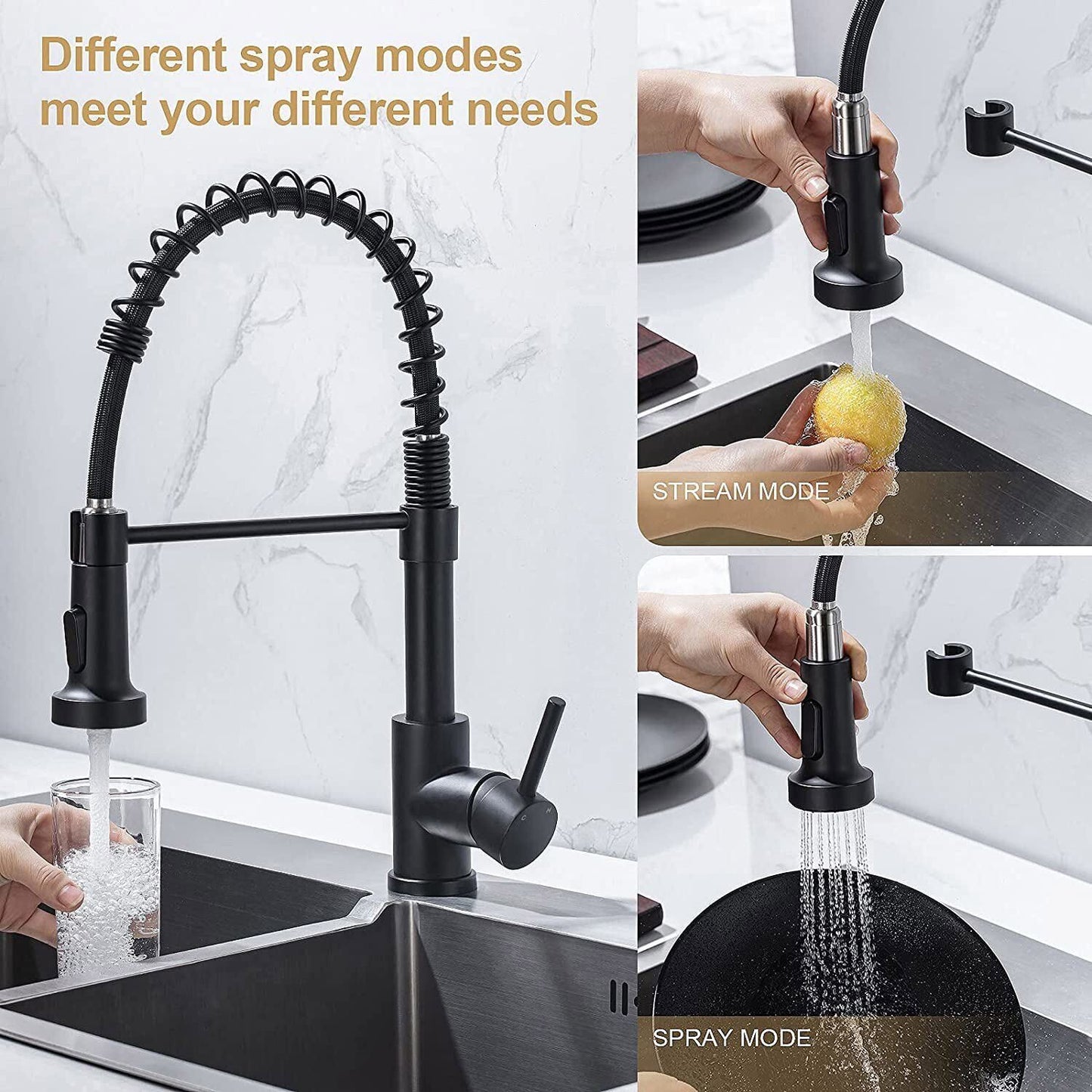 Kitchen Faucet with Pull Down Sprayer Commercial Style Kitchen Sink Faucet Spring Single Handle Matte Black