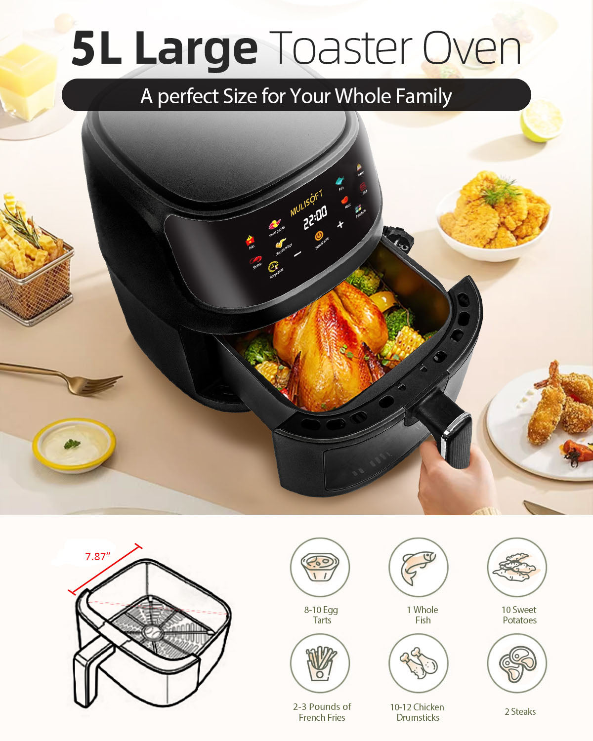 Air Fryer Oven 5.3QT, 410°F Digital One Touch Screen Airfryer, Oil-less Air Cooker that Crisps, Roasts, Reheats, Easy Meals, Nonstick and Dishwasher Safe Basket, Stainless Steel, Black