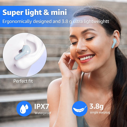 CMYBabee Wireless Earbuds, Bluetooth Headphones with Noise Cancelling and LED Power Display - IPX7 Waterproof, Built-in Mic, Compatible with Iphone & Android, Charging Case, Blue