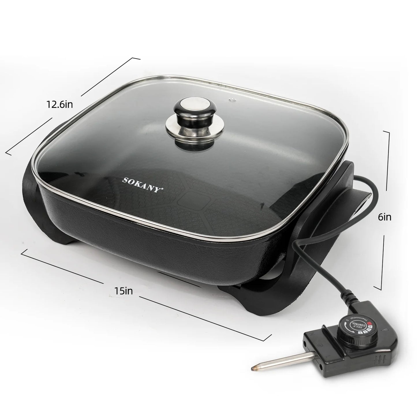 MULISOFT Electric Skillet and Frying Pan with Glass Lid, Hot Pot Electric 5.3Qt, Square Ceramic Nonstick, 1500W Electric Hot Pot with Adjustable Temperature Removable Heating Probe