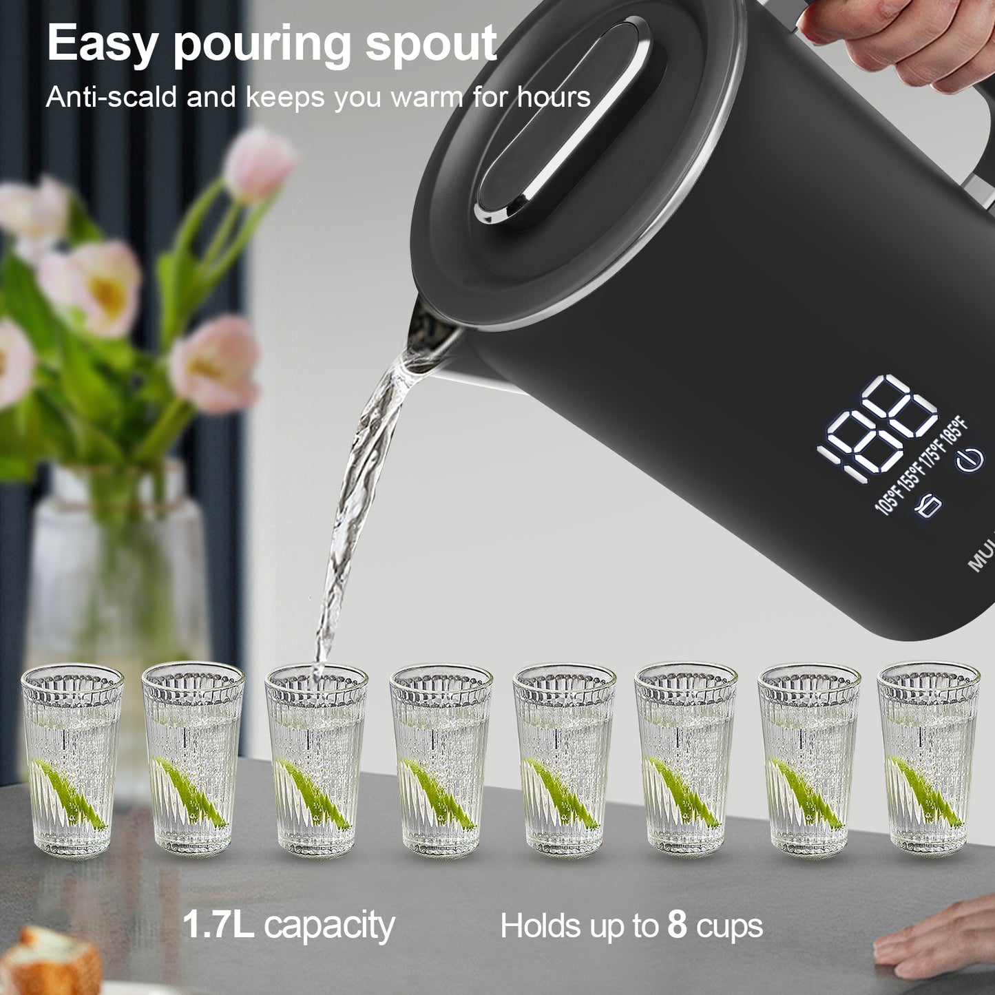 MULISOFT 1500W Fast Boiling Electric Kettle,Teapot With Keep Warm Function, 1.7Liter Hot Water Boiler Heater Pot automatic shut off,Digital Display Temperature Control