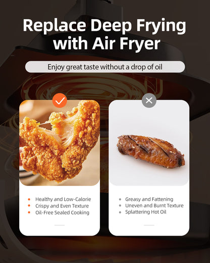 Air Fryer Oven 5.3QT, 410°F Digital One Touch Screen Airfryer, Oil-less Air Cooker that Crisps, Roasts, Reheats, Easy Meals, Nonstick and Dishwasher Safe Basket, Stainless Steel, Black