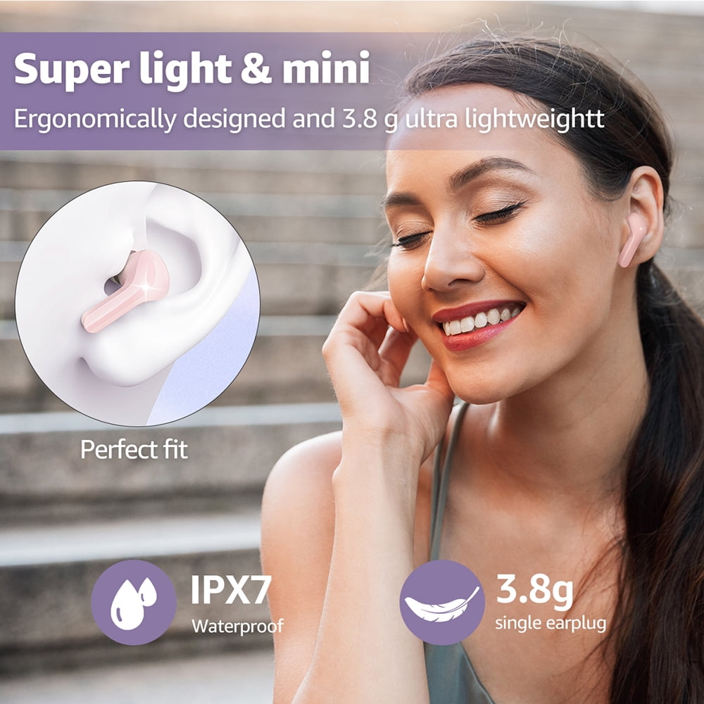 CMYBabee Wireless Earbuds, Bluetooth Headphones with Noise Cancelling and LED Power Display - IPX7 Waterproof, Built-in Mic, Compatible with Iphone & Android, Charging Case, Pink