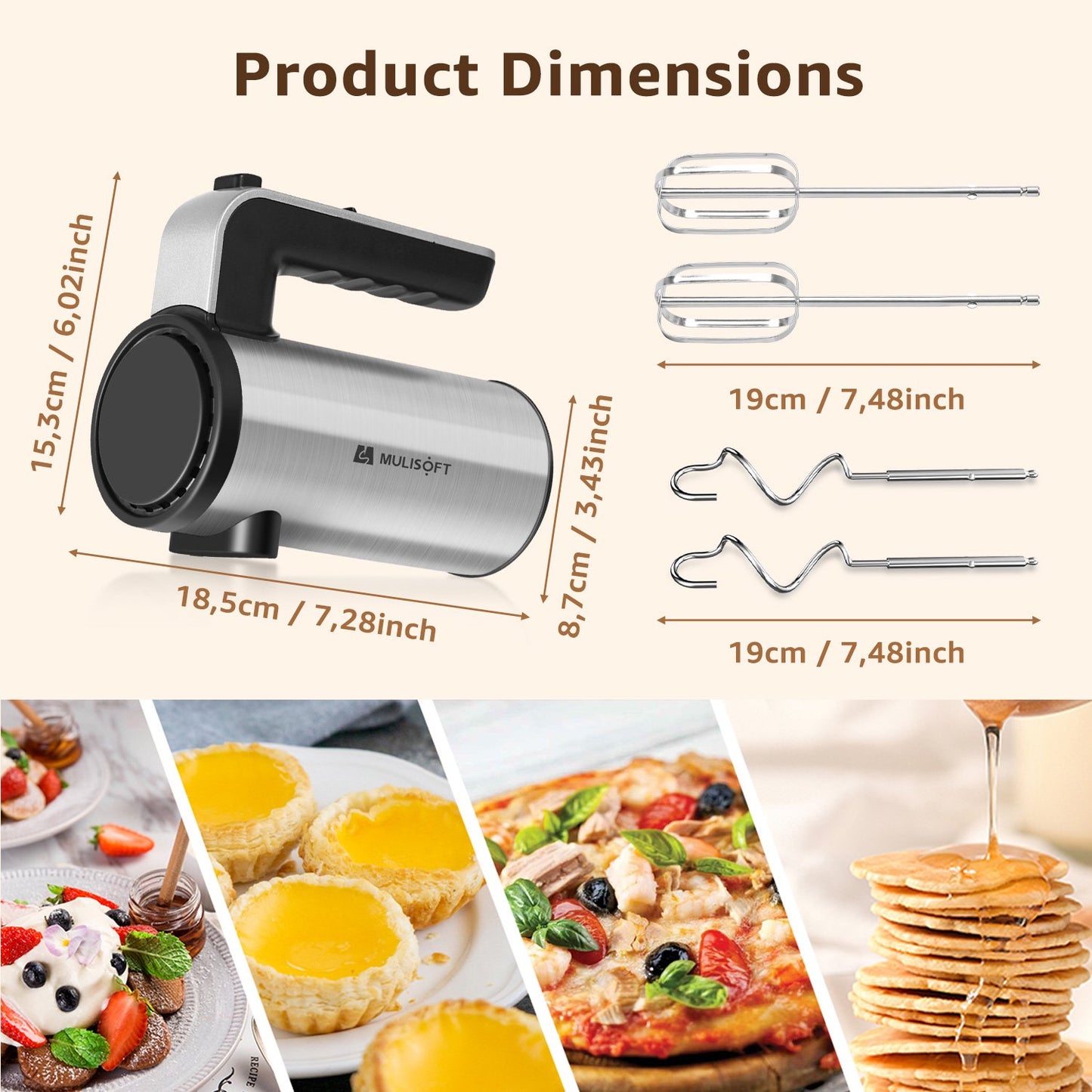 MULISOFT Hand Mixer, 5-Speed Hand Mixers for Kitchen, 300W Electric Handheld Mixer with 4 Stainless Steel Attachments, Easily Mixes Dough, Cream, Cakes