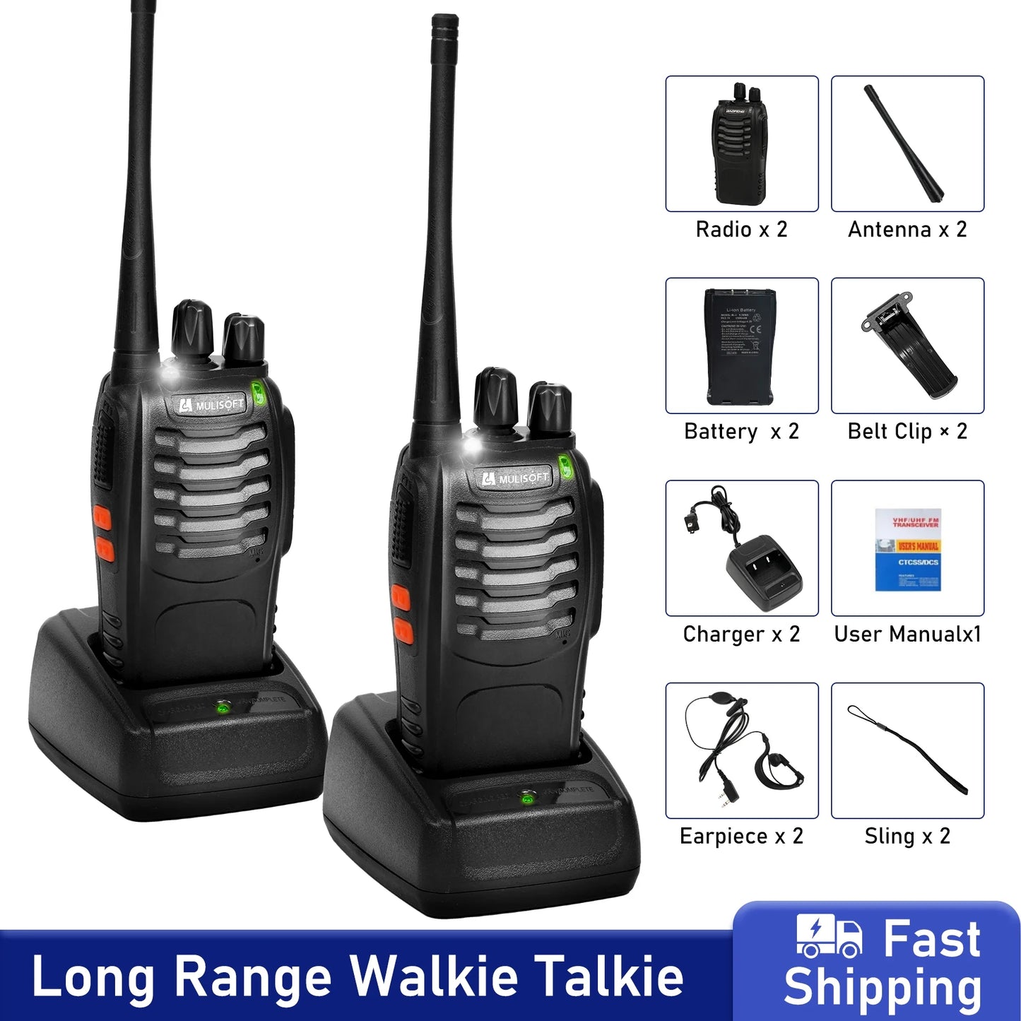MULISOFT Walkie Talkies Long Range, Rechargeable Walkie Talkie for Adults with Earpieces & Li-ion Battery, Walky Talky with Flashlight and Charger, 2 Pack
