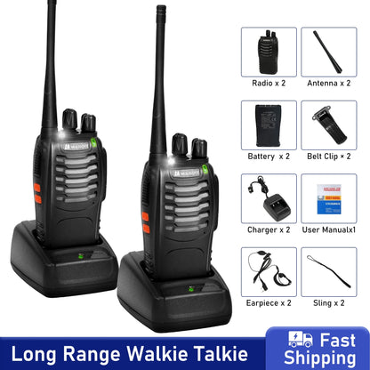MULISOFT Walkie Talkies Long Range, Rechargeable Walkie Talkie for Adults with Earpieces & Li-ion Battery, Walky Talky with Flashlight and Charger, 2 Pack