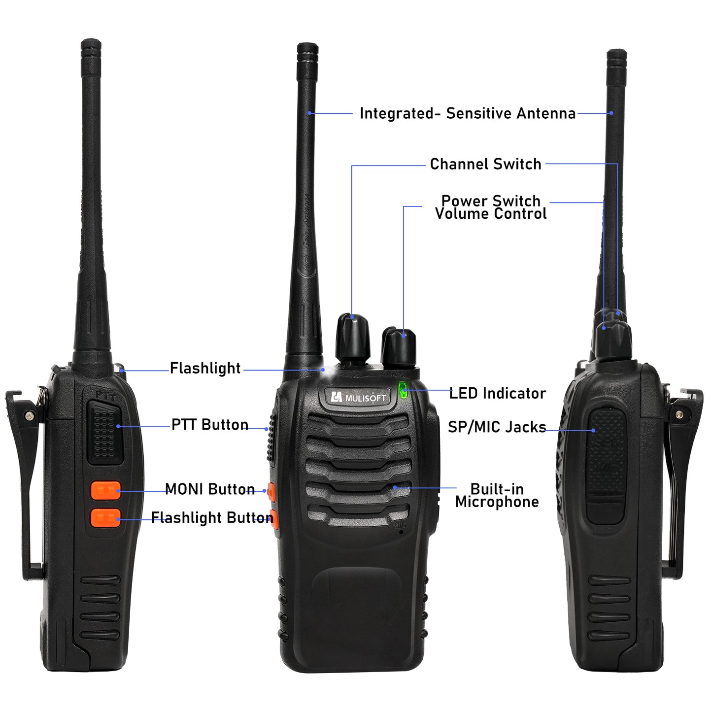 MULISOFT Walkie Talkies Long Range, Rechargeable Walkie Talkie for Adults with Earpieces & Li-ion Battery, Walky Talky with Flashlight and Charger, 2 Pack