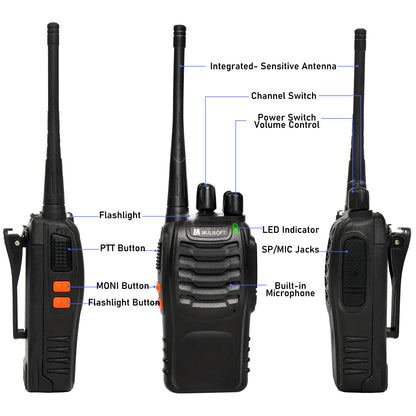 MULISOFT Walkie Talkies Long Range, Rechargeable Walkie Talkie for Adults with Earpieces & Li-ion Battery, Walky Talky with Flashlight and Charger, 2 Pack