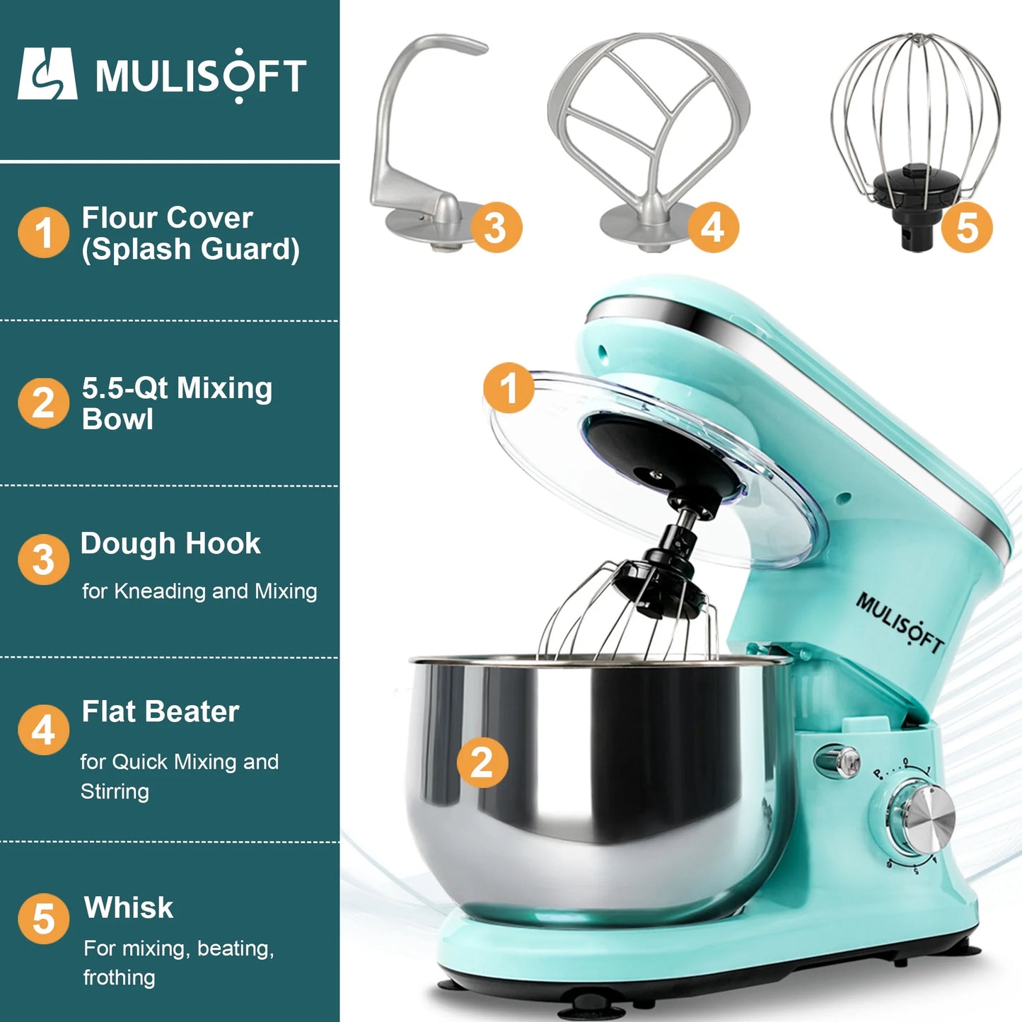 MULISOFT Stand Mixer, 5.5Qt Stainless Steel Bowl, 6 Speed, Includes Whisk, Beater, Dough Hook, Blue