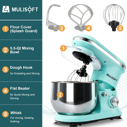MULISOFT Stand Mixer, 5.5Qt Stainless Steel Bowl, 6 Speed, Includes Whisk, Beater, Dough Hook, Blue
