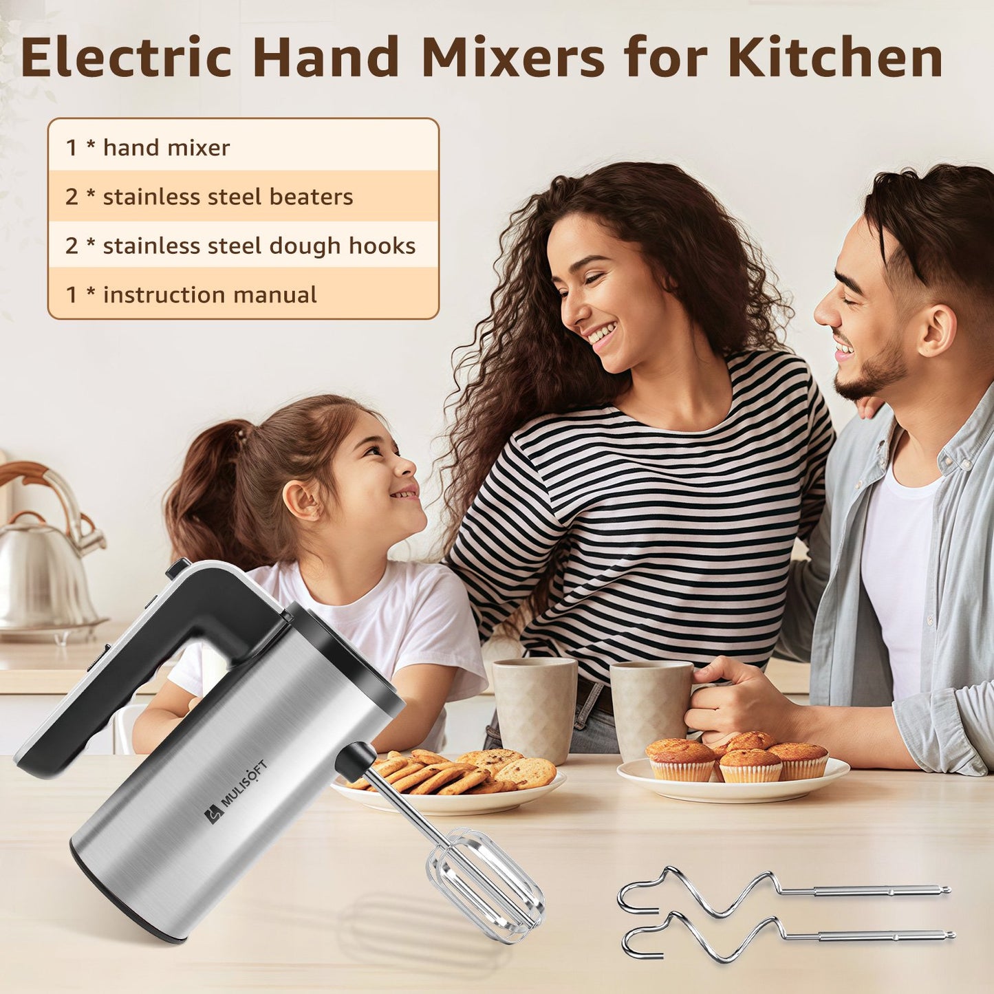 MULISOFT Hand Mixer, 5-Speed Hand Mixers for Kitchen, 300W Electric Handheld Mixer with 4 Stainless Steel Attachments, Easily Mixes Dough, Cream, Cakes