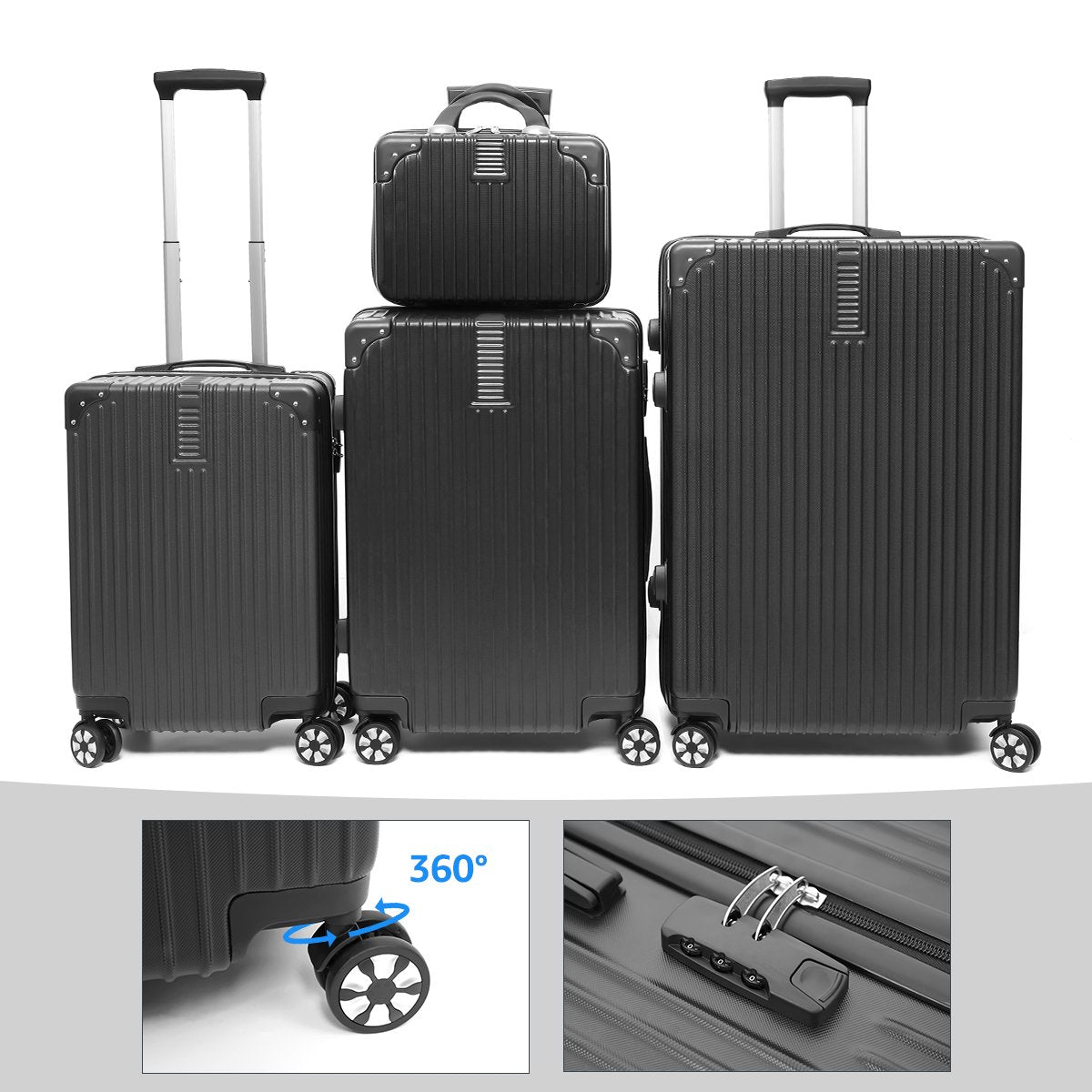 Suitcase4 Piece Set, Luggage Spinner Hardshell Lightweight ,TSA Lock,Black