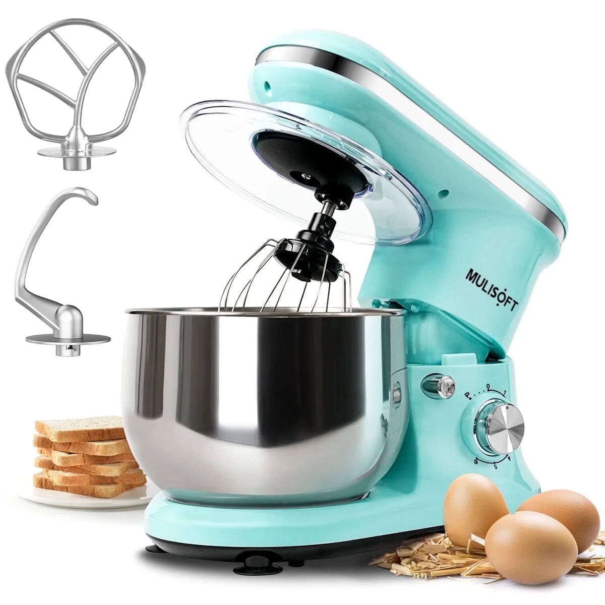 MULISOFT Stand Mixer, 5.5Qt Stainless Steel Bowl, 6 Speed, Includes Whisk, Beater, Dough Hook, Blue